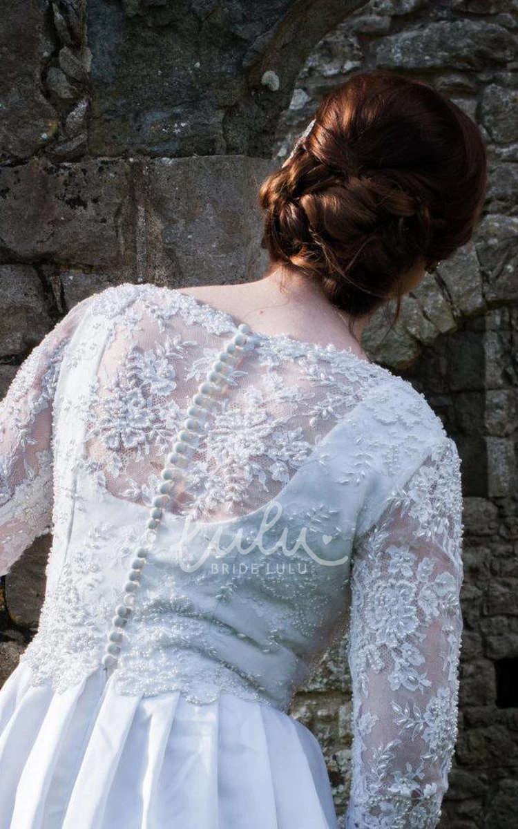 Lace Sleeve A-Line Taffeta Wedding Dress V-Neck