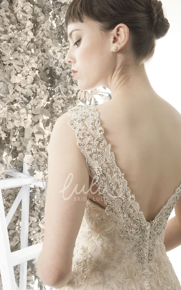 Lace Appliqued Sleeveless A-Line Wedding Dress Floor-Length Low V-Back Chapel Train
