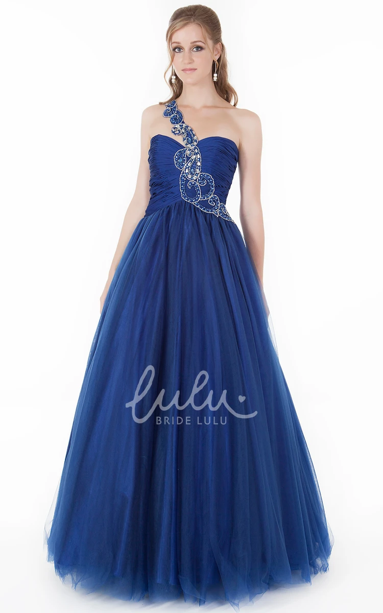 One-Shoulder Beaded A-Line Tulle Prom Dress with Pleats Long Sleeveless