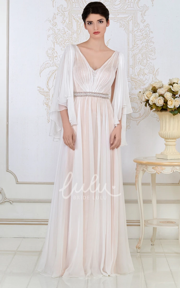 A-Line Beaded Tulle Evening Dress with Poet-Sleeve and V-Neck