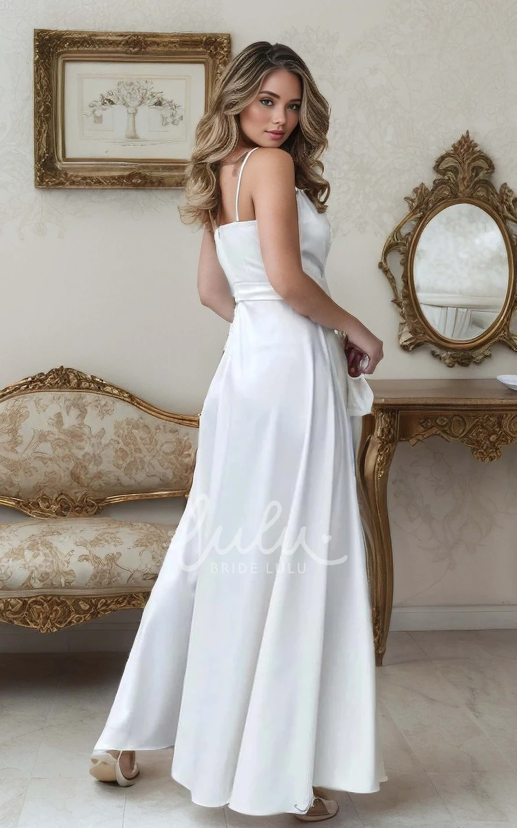 A-Line Split Front V-neck Simple Sexy Solid Beach Floor-length Sleeveless Zipper Straps Back Wedding Dress