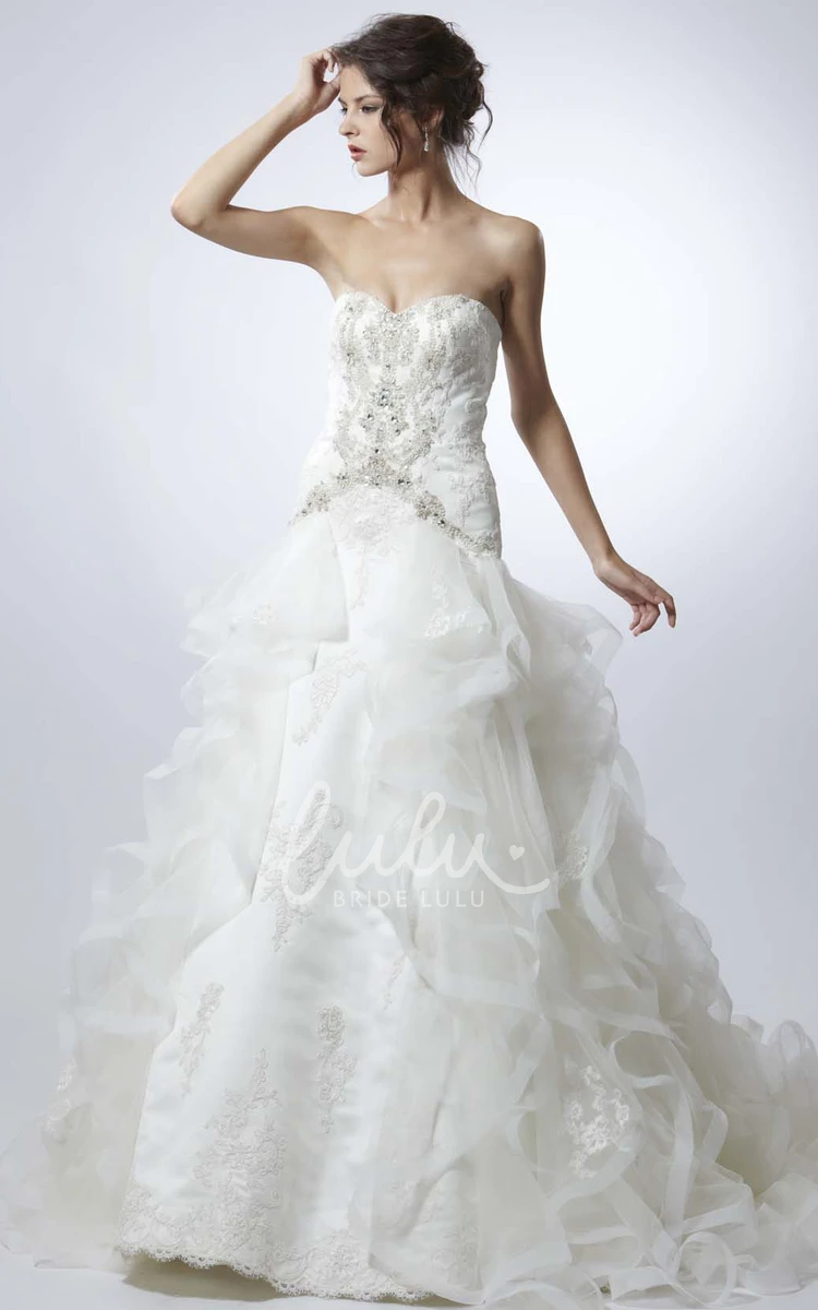 Long Ruffled Organza Wedding Dress with Appliques and Beading A-Line Strapless Sleeveless