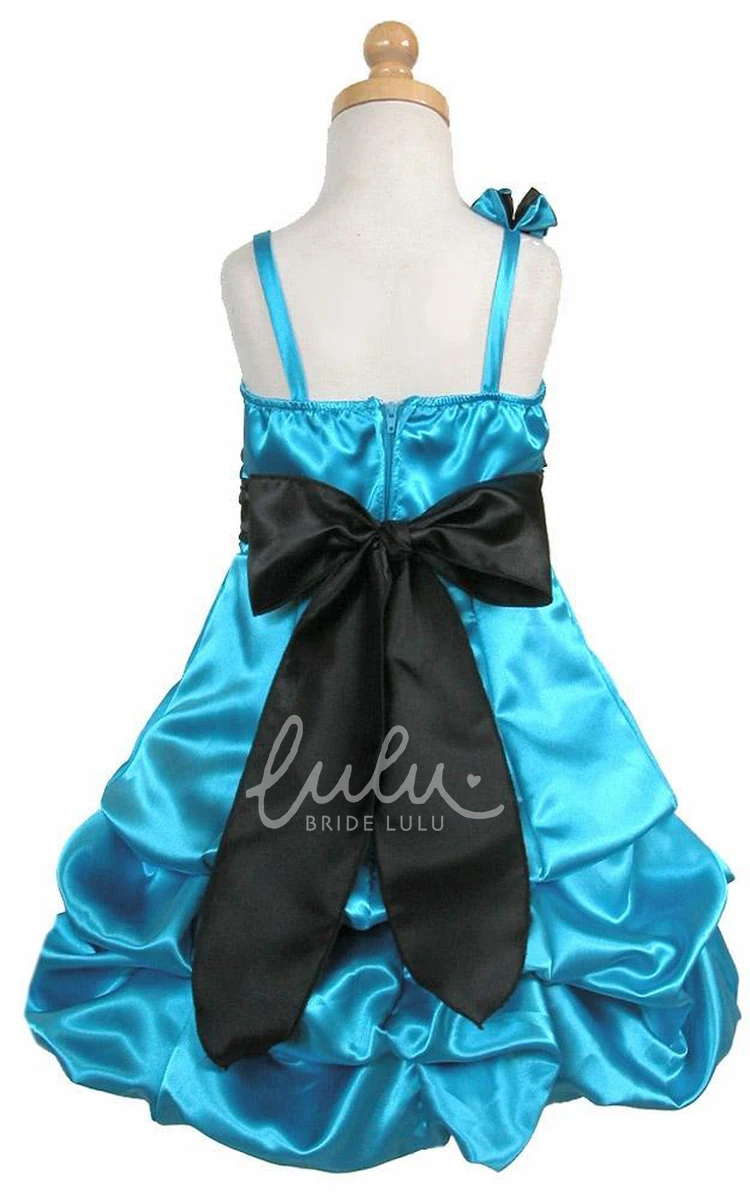 Floral Satin Midi Flower Girl Dress with Ruched Design Cape and Ribbon