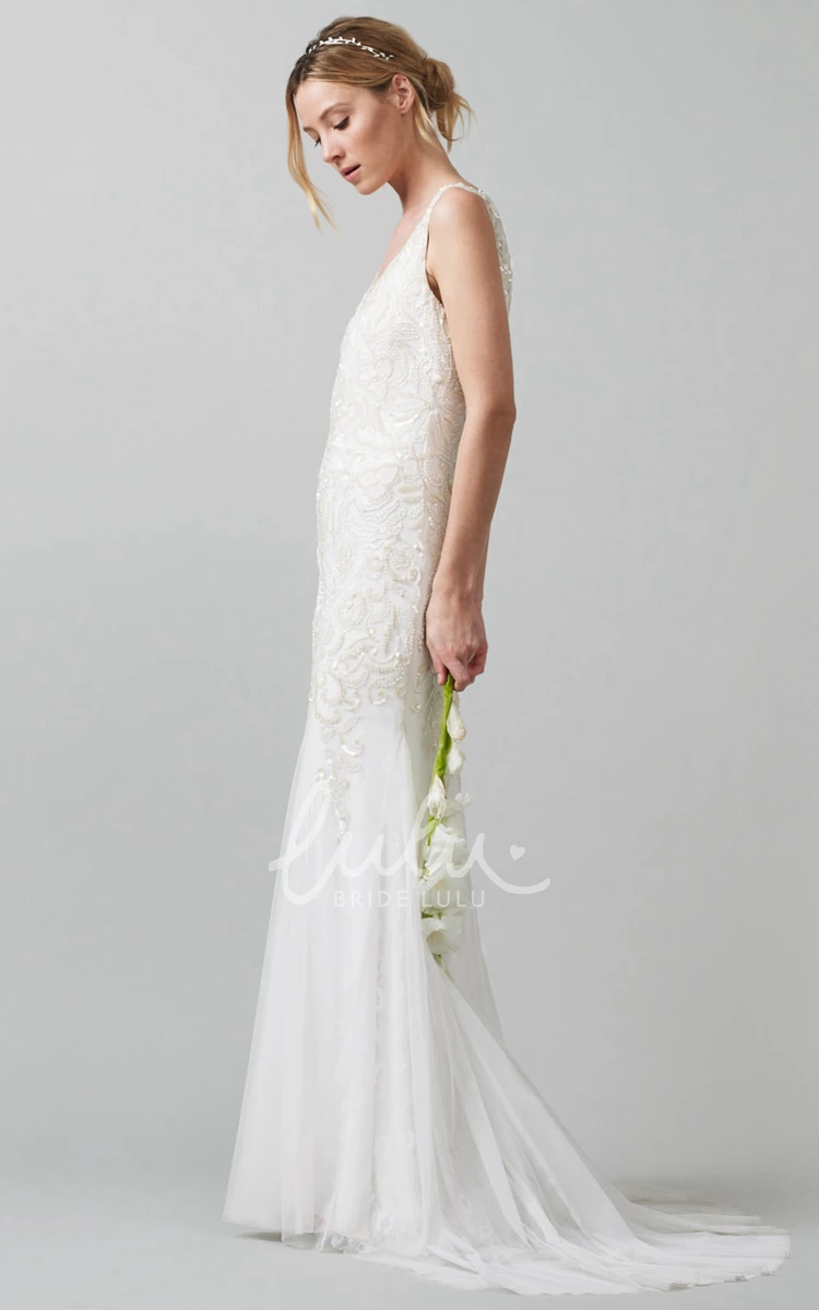 Pleated V-Neck Wedding Dress with Beading Sheath T-Shirt-Sleeve Floor-Length
