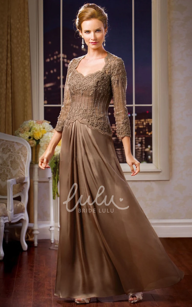 Long Mother of the Bride Dress with 3-4 Sleeves Keyhole Back and Beadings Modern Formal Dress