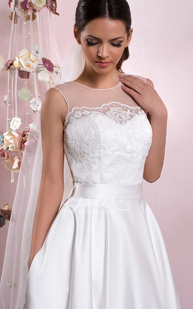 Lace Scoop Satin Wedding Dress with Illusion Back A-Line Floor-Length Style