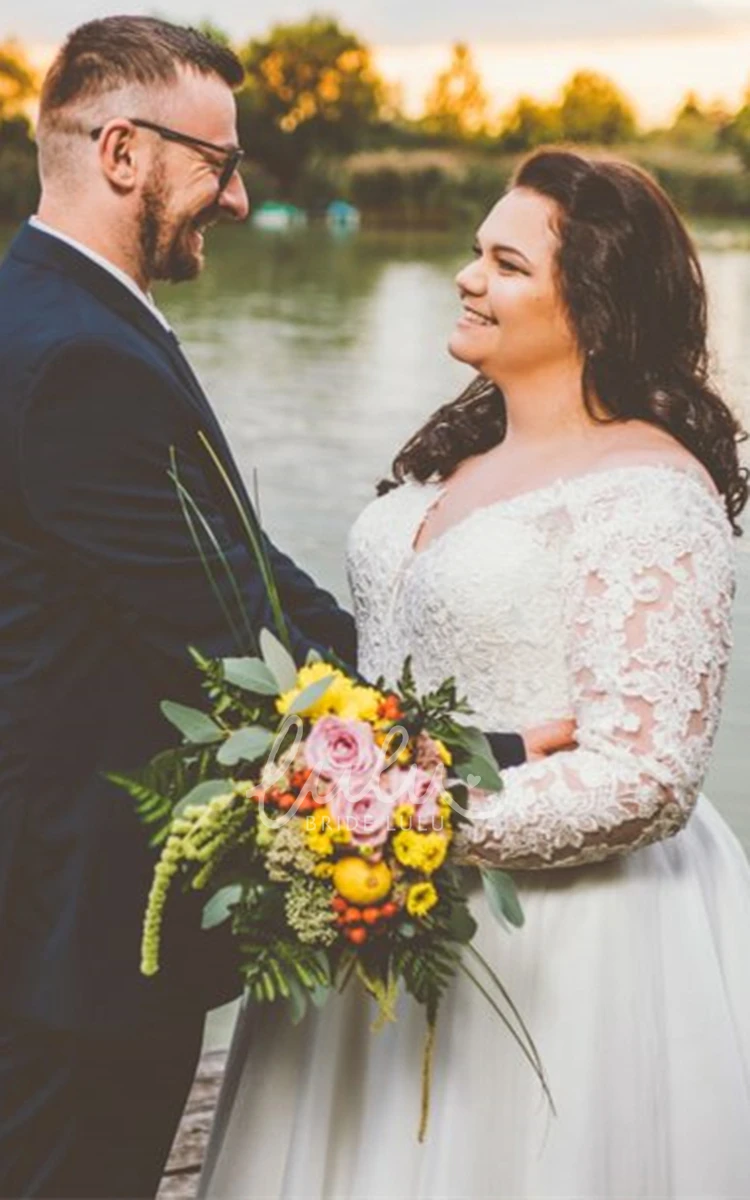 Long Sleeved A Line Lace Wedding Dress with V-neck and Floor-length