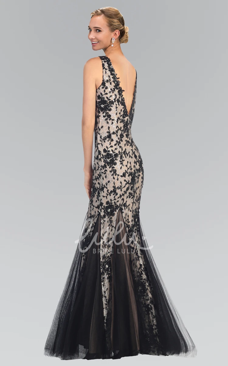 Lace Applique Mermaid Formal Dress with Deep-V Back and Sleeveless Scoop Neck