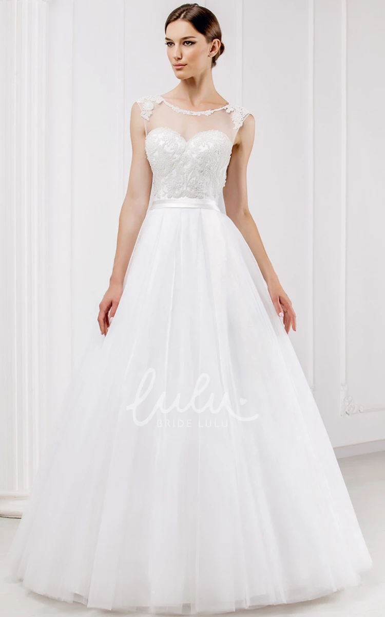 Illusion Appliqued Tulle Wedding Dress with Scoop Neckline Elegant Bridal Gown