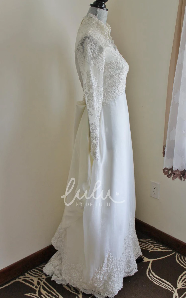 Modern Queen Anne Neck Satin Wedding Dress with Long Sleeves and Lace Hem