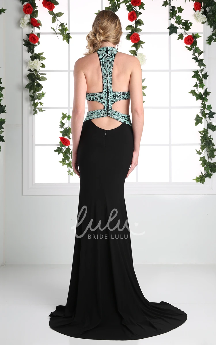 Sleeveless Sheath Jersey Formal Dress with High Neck and Beading