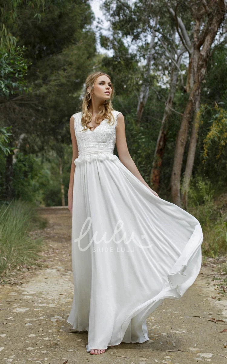 Boho Lace Bodice Chiffon Dress V-Neck Sleeveless Beach Wedding Dress