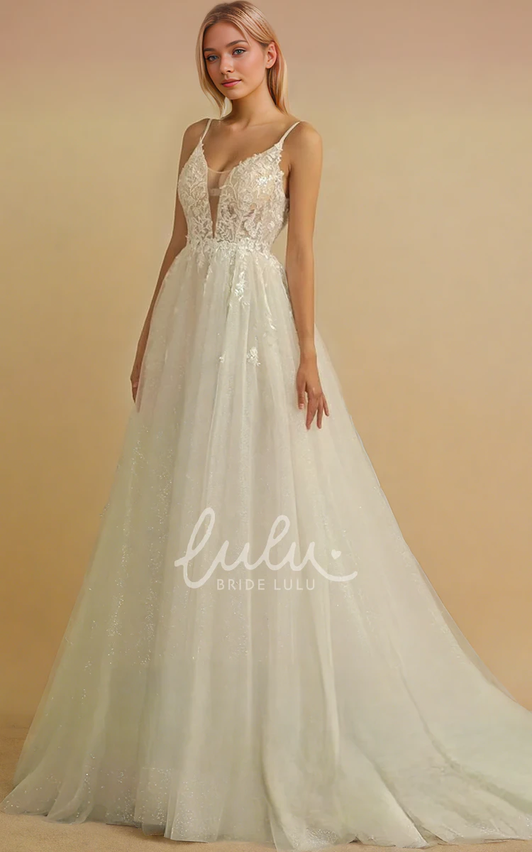 Adorable Modern Sexy A-Line Boho Lace Wedding Dress Spaghetti Strap Deep V Back Court Train Bridal Gown