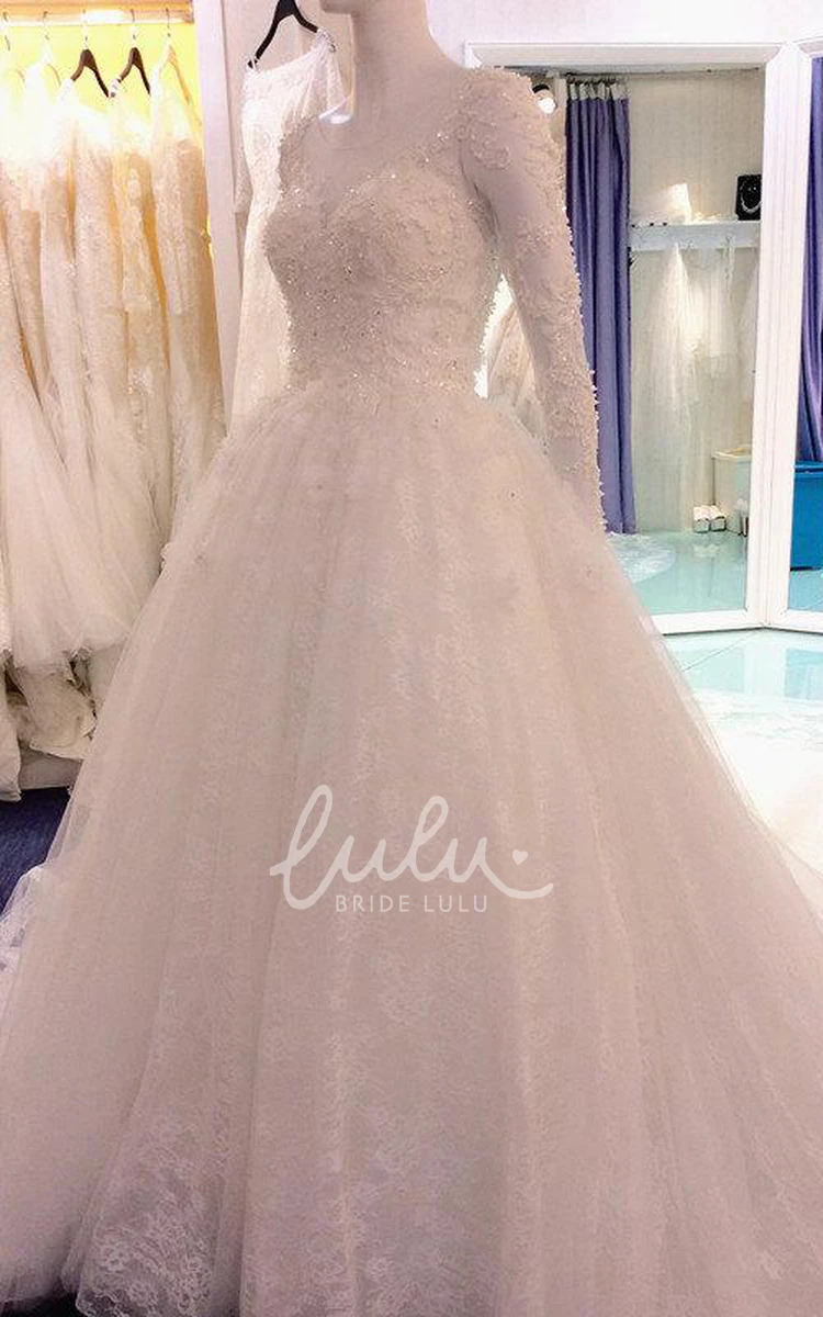 Lace Bridal Gown with Long Sleeves and Cathedral Train Romantic Style