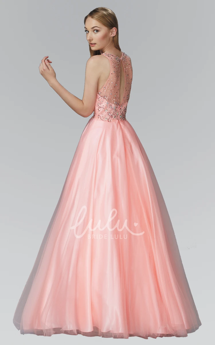 Satin Illusion Ball Gown Sleeveless Formal Dress with Beading