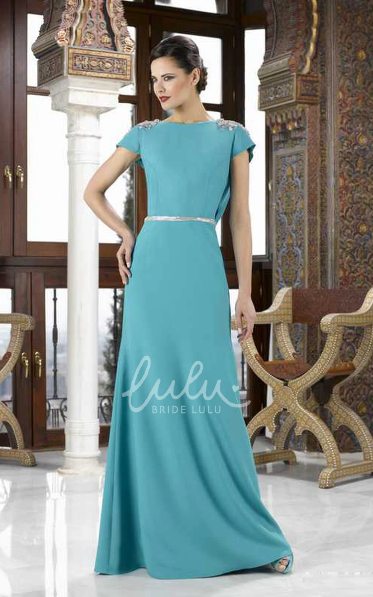 Beaded Jersey Maxi Mother Of The Bride Dress with Cap Sleeves and Jewel Neck