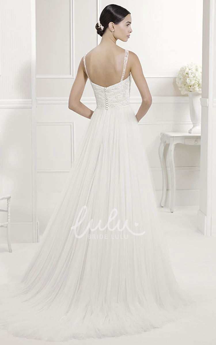 Illusion Lace Straps Square Neck A-Line Wedding Dress with Tulle Skirt