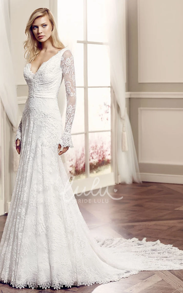 Long-Sleeve Lace V-Neck Wedding Dress with Train