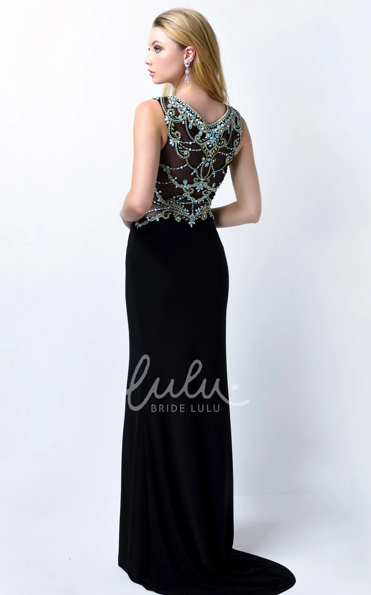 Scoop-Neck Sleeveless Sheath Dress with Beading and Split Front Flowy Prom Dress