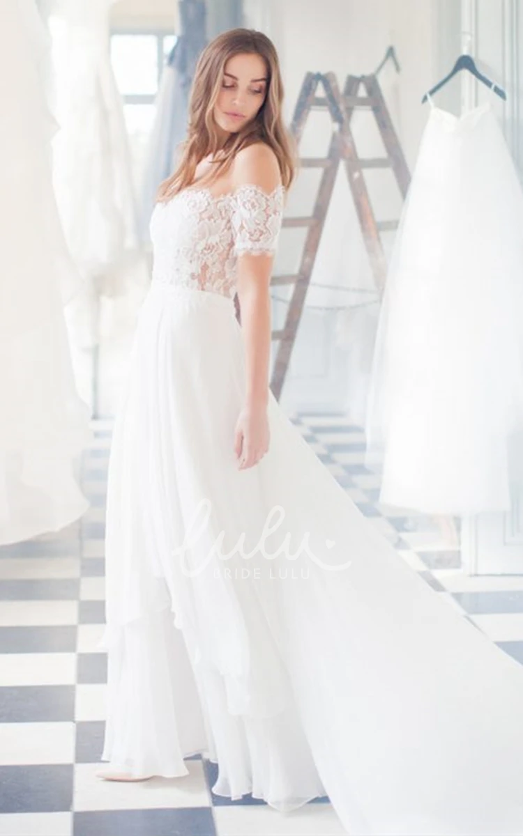 Off-shoulder Lace A-line Wedding Dress with Sweep Train Simple & Elegant