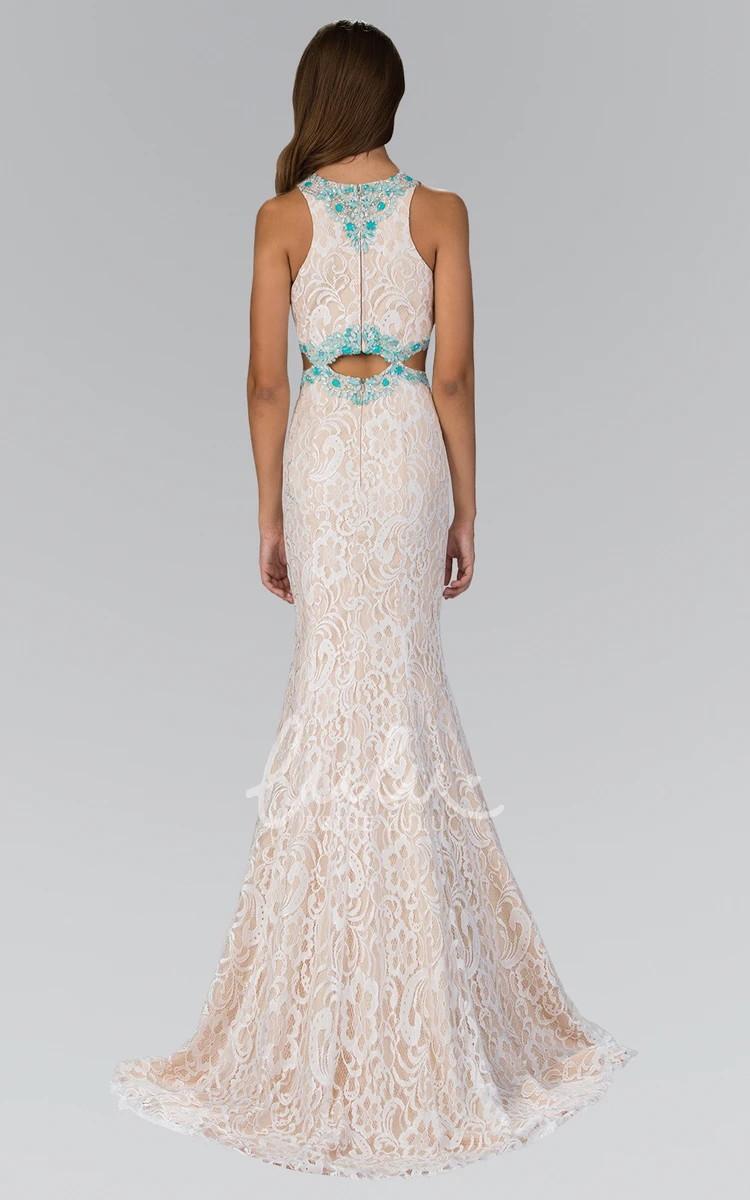 Lace Trumpet Floor-Length Sleeveless Formal Dress with Beading Jewel-Neck Zipper