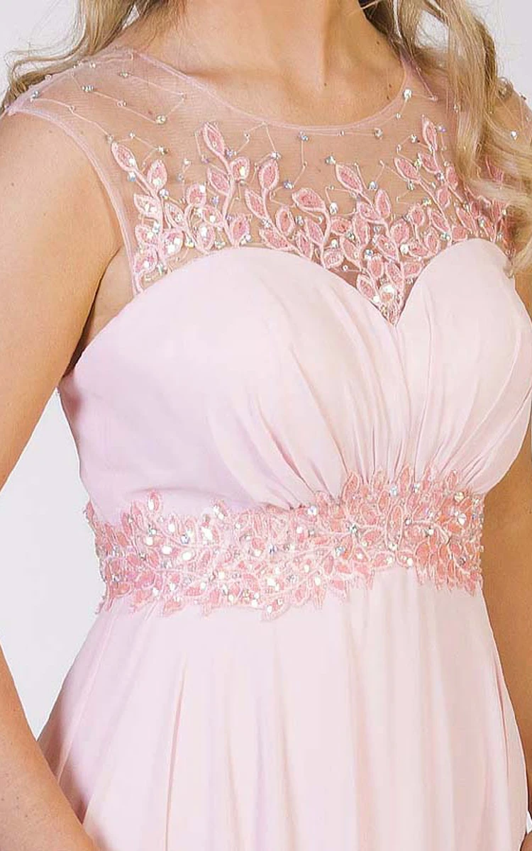 Appliqued A-Line Chiffon Prom Dress Floor-Length Cap-Sleeve Scoop Keyhole Back