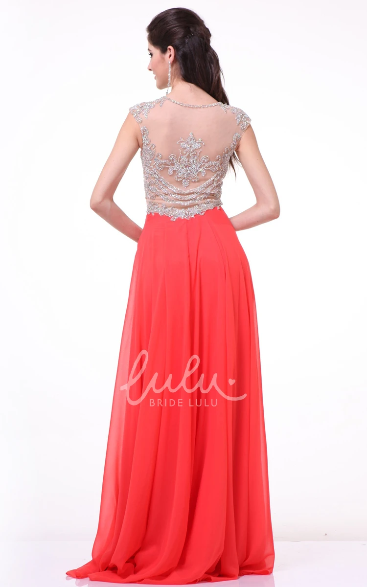 Chiffon Illusion Prom Dress with Beading A-Line Cap-Sleeve Jewel-Neck Long