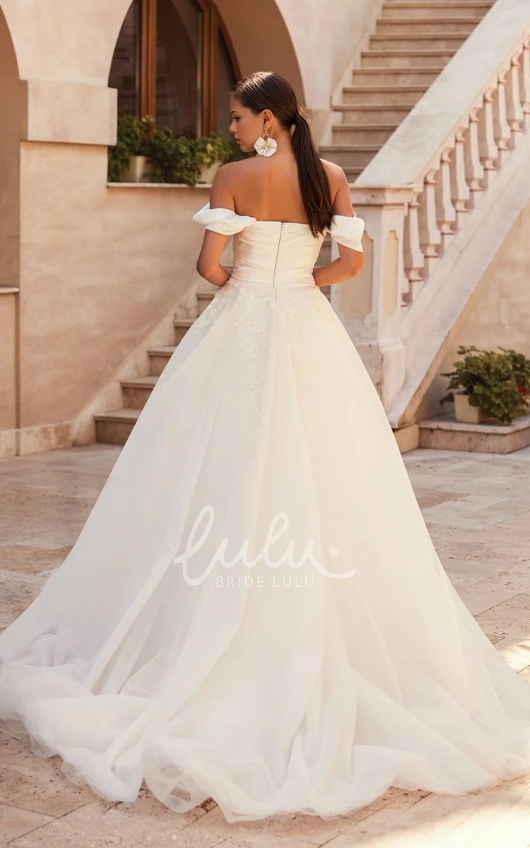 Elegant Romantic Off-the-shoulder A-Line Lace Wedding Dress Vintage Ruching Backless Ball Gown