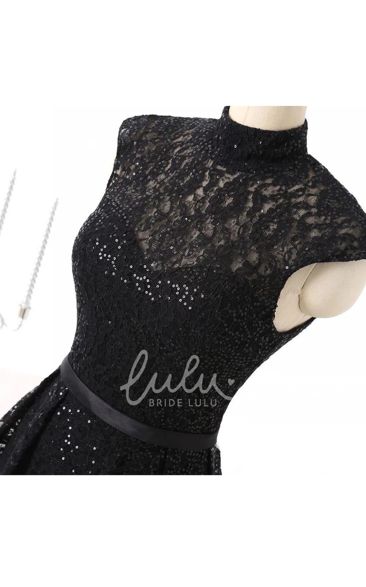 Lace Trumpet Dress with High Neck Cap Sleeves Sequins and Peplum