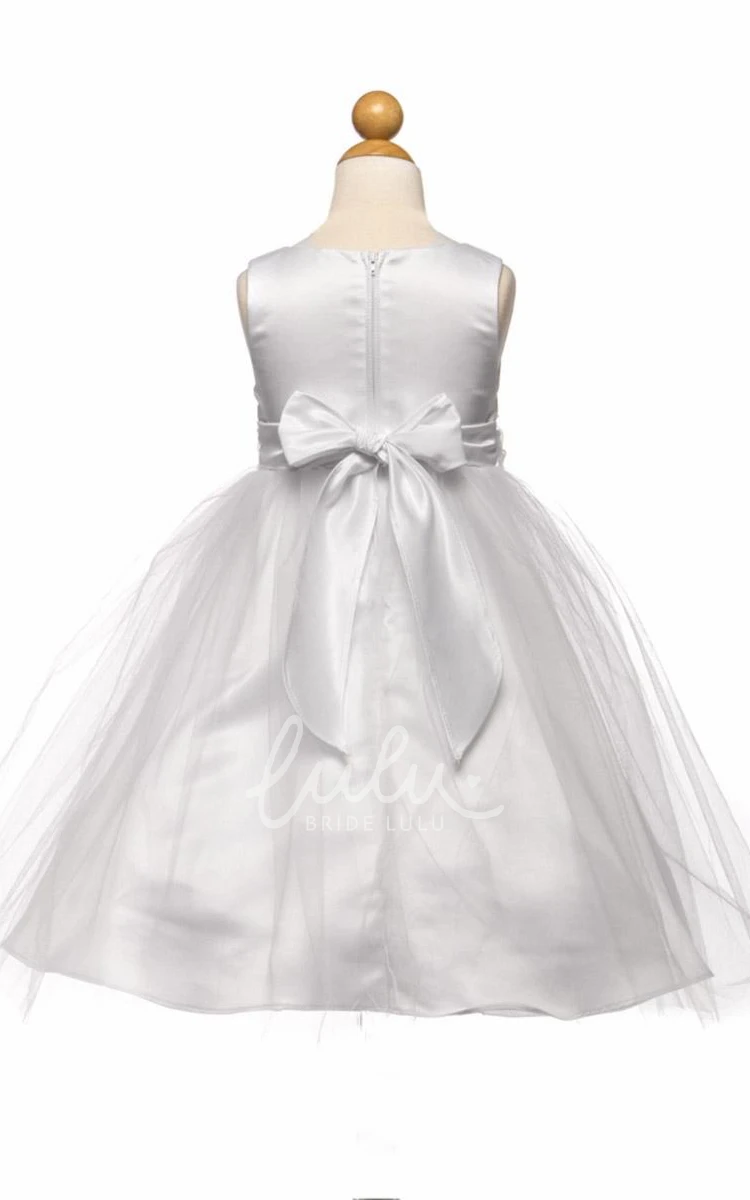 Beaded Tulle Satin Flower Girl Dress Tea-Length with Brooch