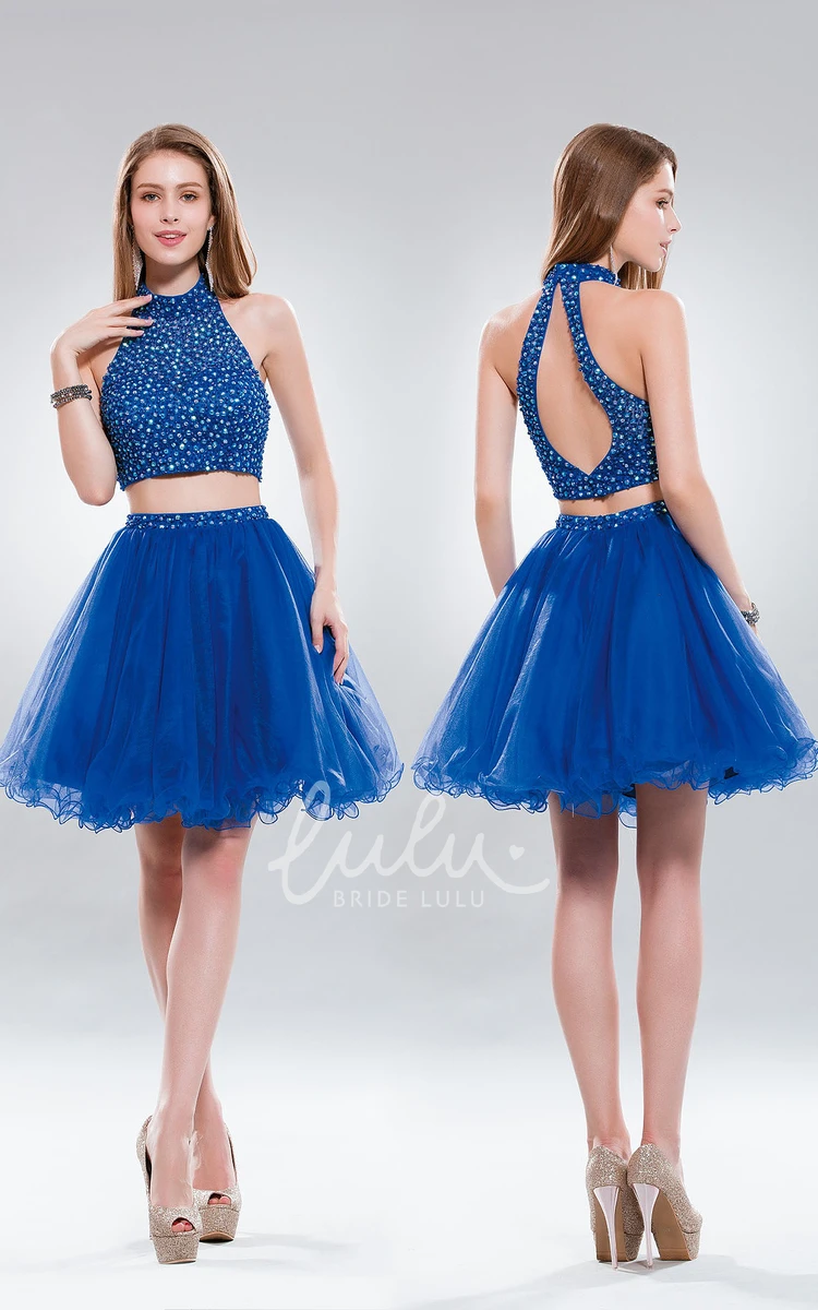 High Neck Sleeveless A-Line Tulle Dress with Beading and Ruffles