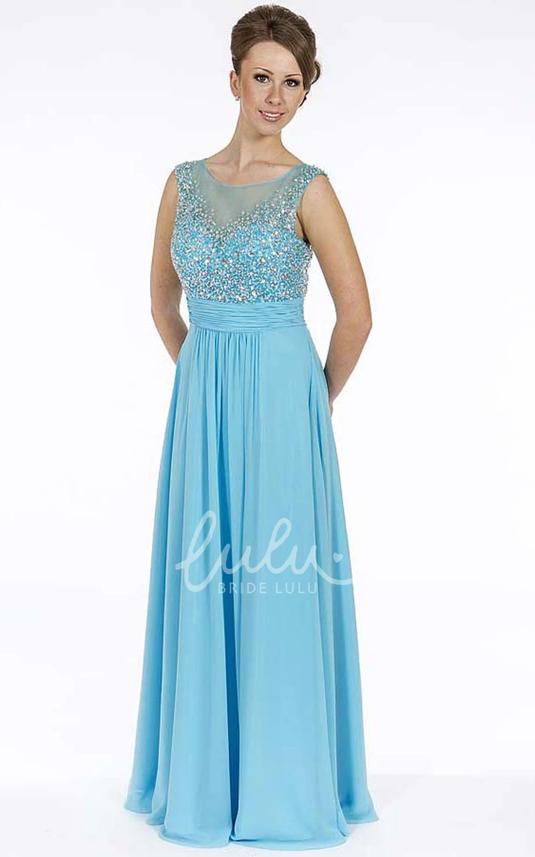 Beaded A-Line Chiffon Prom Dress with Pleats Sleeveless Long Scoop-Neck