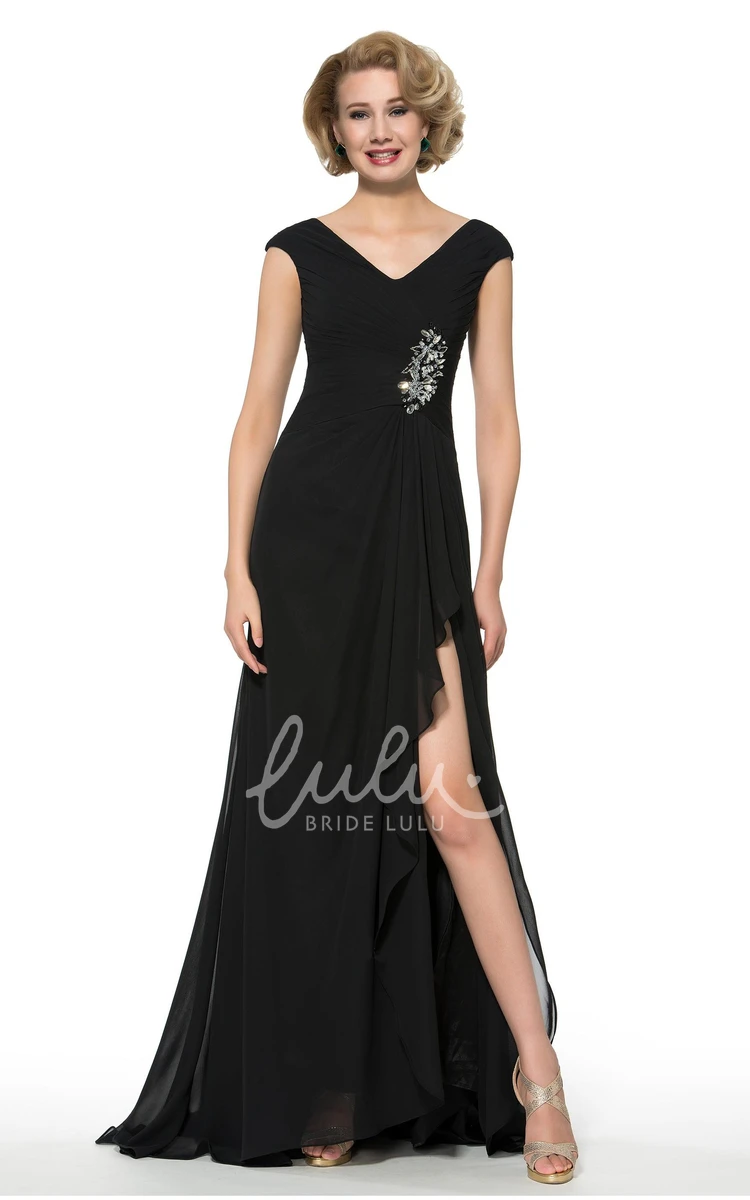 V-Neck Cap Sleeve Chiffon Long Bridesmaid Dress with Front Split and Beading Simple & Elegant