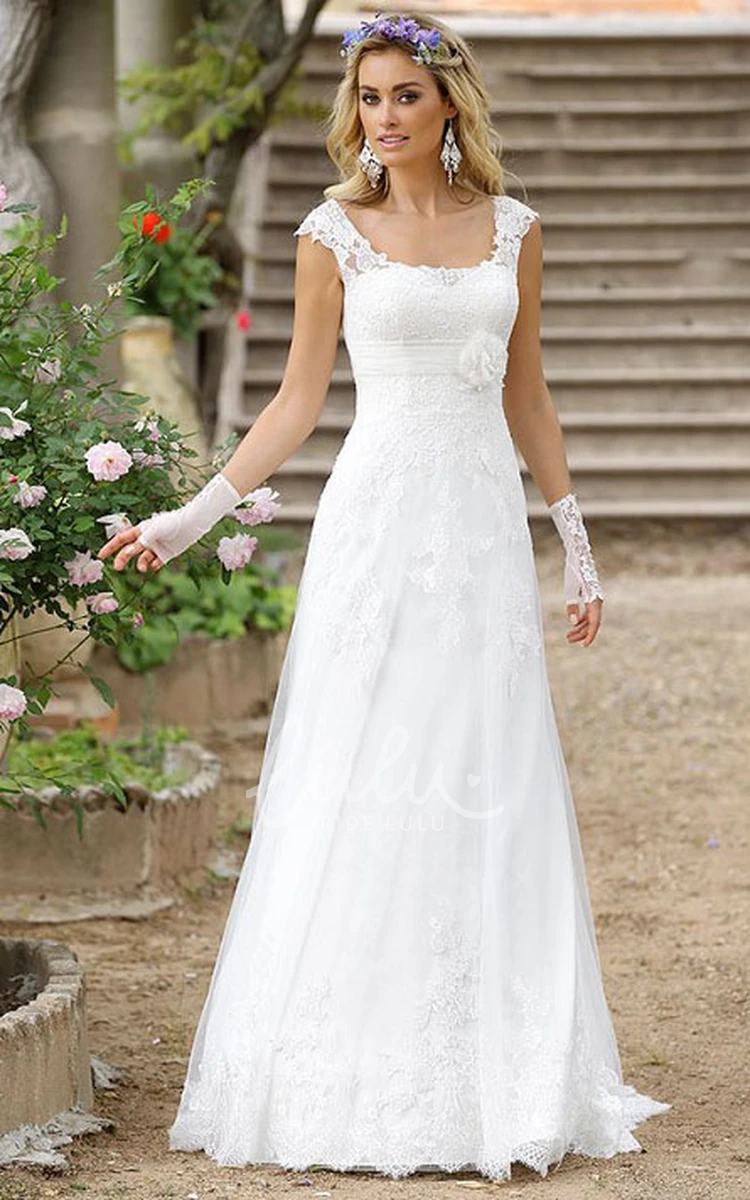 Square-Neck Cap-Sleeve A-Line Lace Wedding Dress with Illusion Timeless Bridal Gown