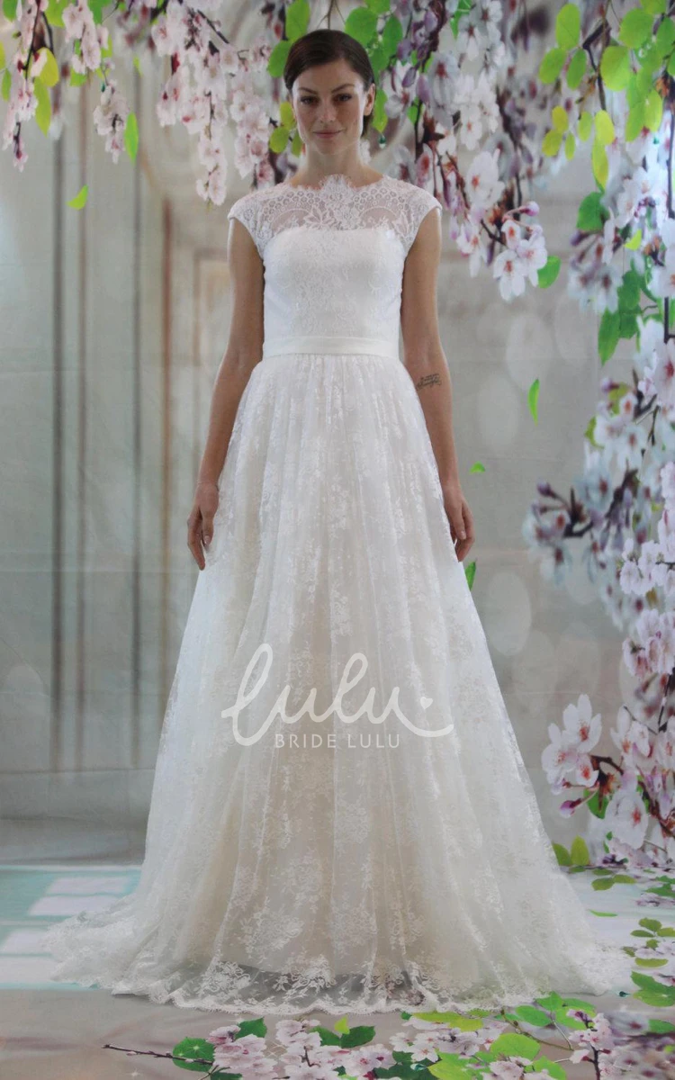 A-Line Lace Wedding Dress with Court Train and High Neckline