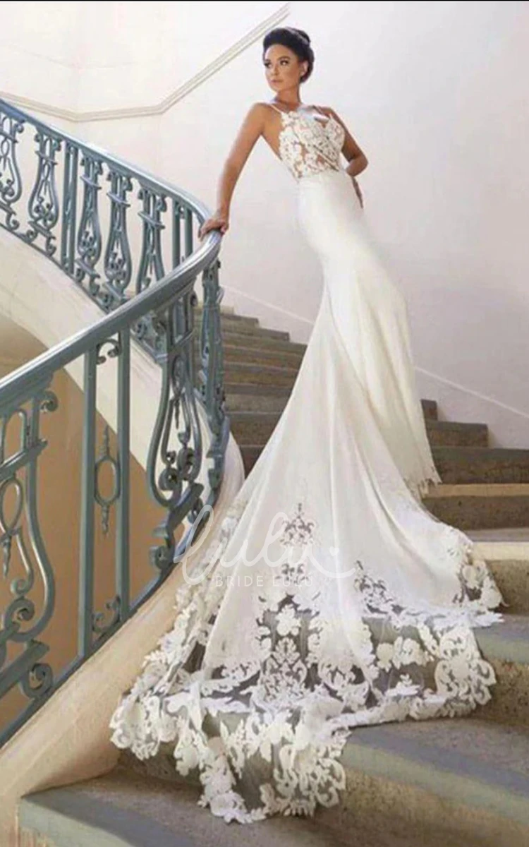 Elegant Mermaid V-neck Open Back Lace Wedding Dresses with Court
