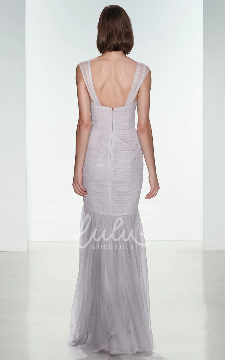 Mermaid Strapped Ruched Tulle Bridesmaid Dress with Ankle-Length Hem