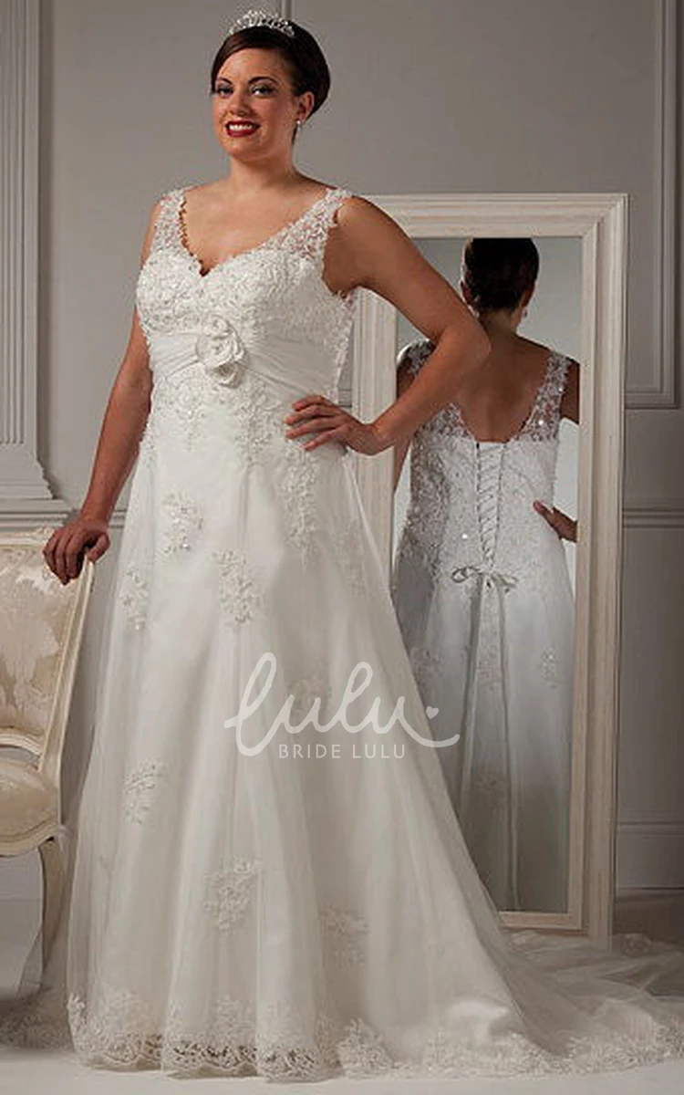 V-Neck Lace Wedding Dress with Floral Waist and Lace-Up