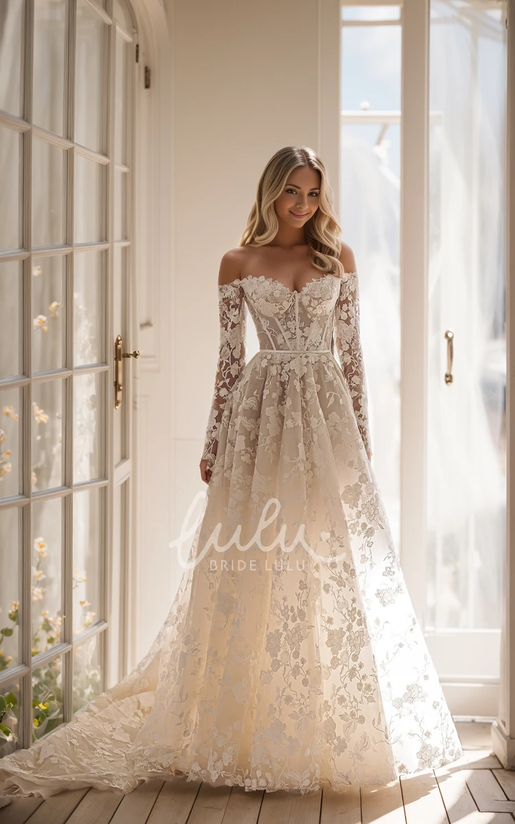 Fairy Modern Bohemian A-Line Lace Off the Shoulder Wedding Dress Chic Princess 3D Appliques Floral Illusion Long Sleeve Bridal Gown