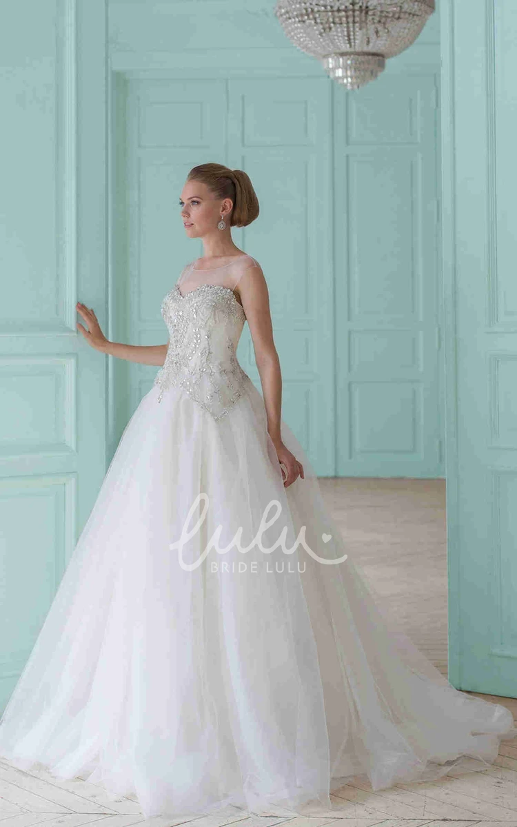 Pleated Sleeveless Tulle Ball Gown Wedding Dress with Beading and Illusion Classy Bridal Gown