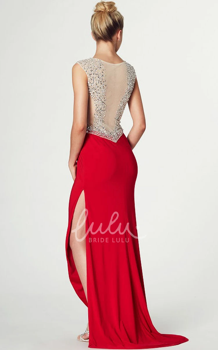 Sheath Beaded Chiffon Prom Dress with Illusion Back and Split Front in Floor-Length