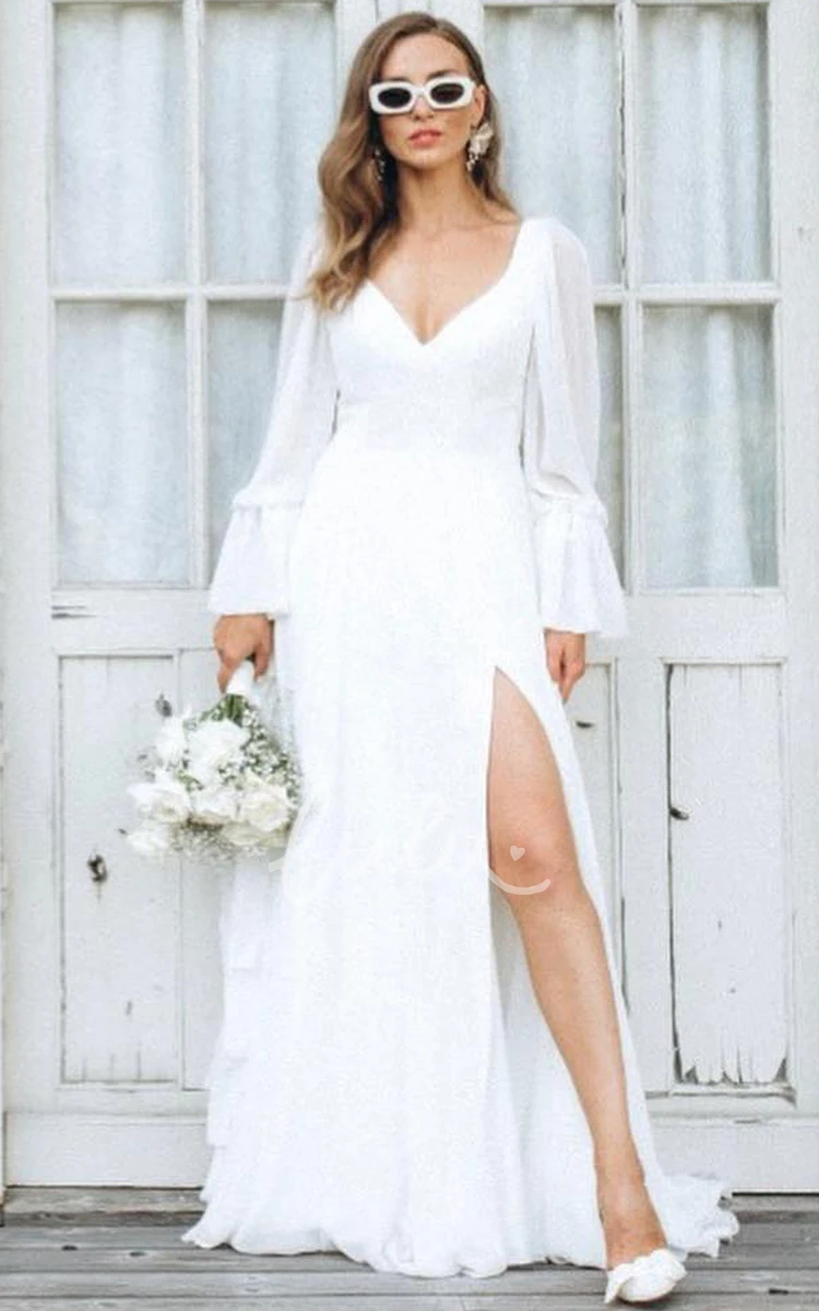 Chiffon Plunging Neckline Wedding Dress with Split Front Sexy & Flowy A-Line