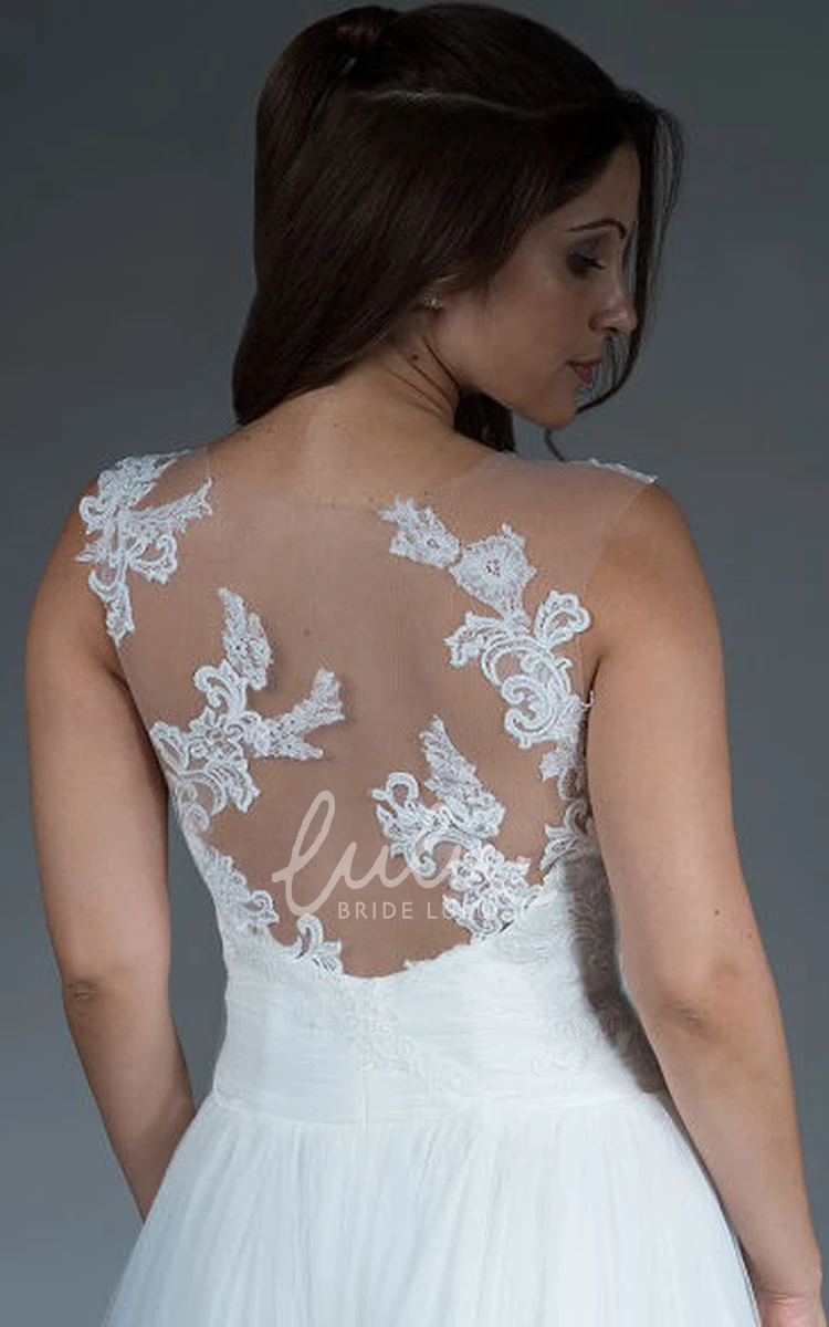 Embroidered Top A-Line Wedding Dress with Tulle Skirt and Illusion Neckline