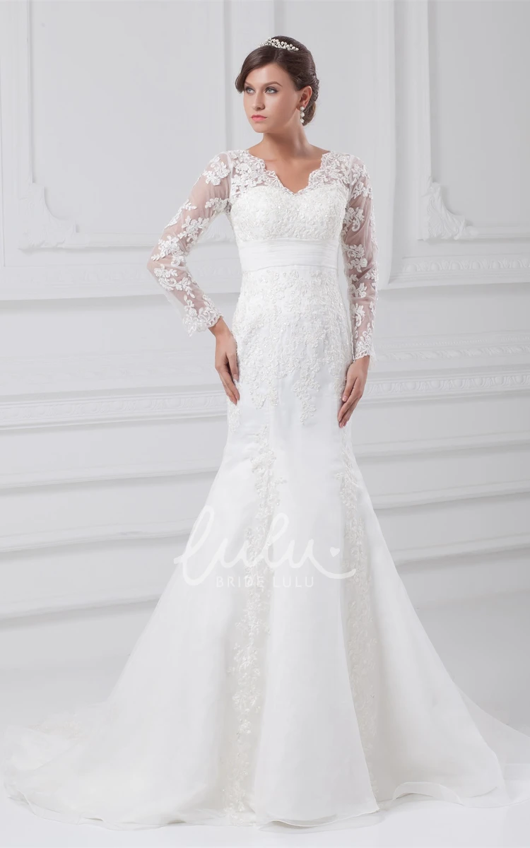 Mermaid Wedding Dress Modest Long-Sleeve Scalloped-Neck with Appliques