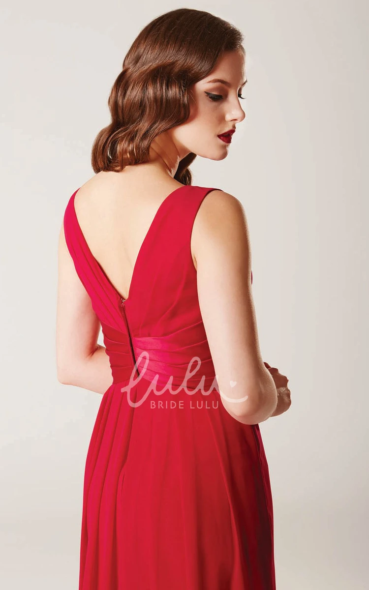 Sleeveless V-Neck Ruched Chiffon Bridesmaid Dress in Sheath Floor-Length