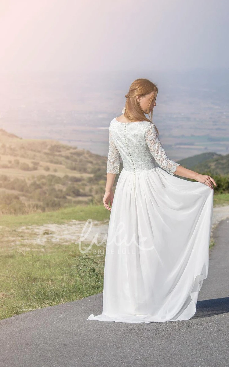 Lace & Button Back Chiffon Wedding Dress with Illusion Sleeves