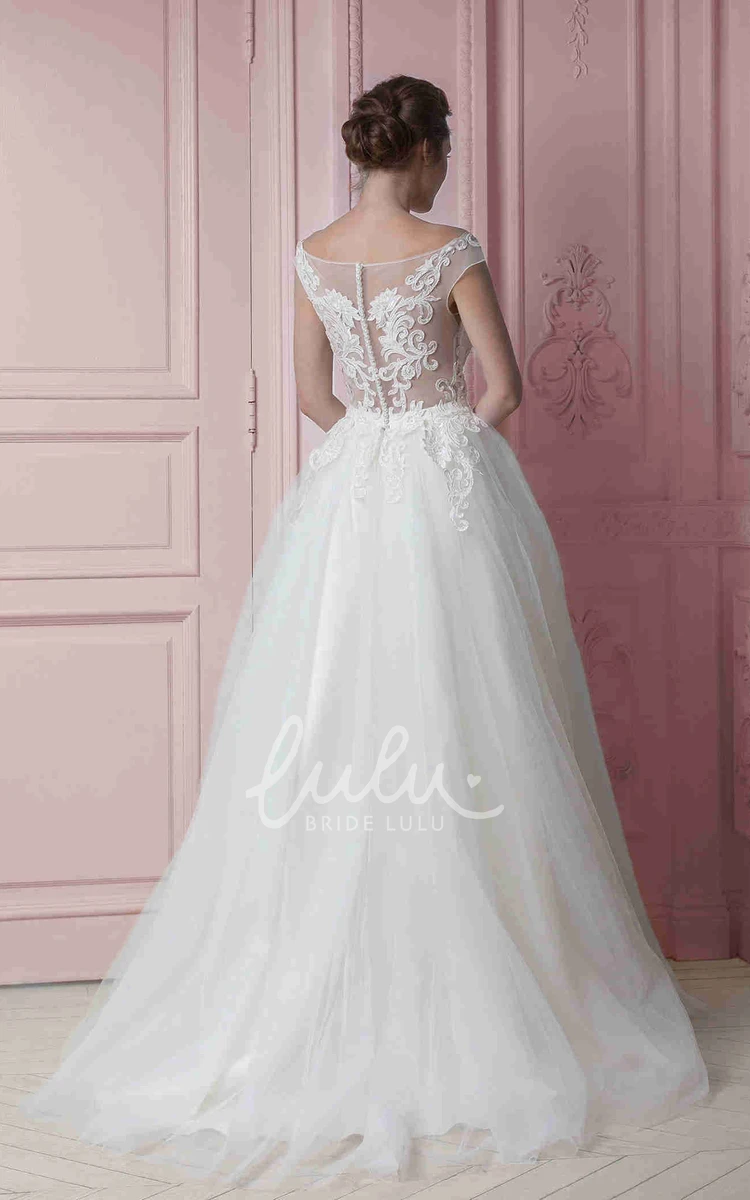 Cap-Sleeve A-Line Tulle Wedding Dress with Appliques Bateau-Neck Bridal Gown with Ruffles