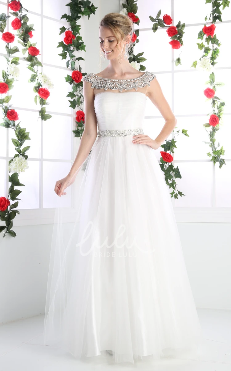 Scoop-Neck Tulle Illusion Prom Dress with Beading and Ruching