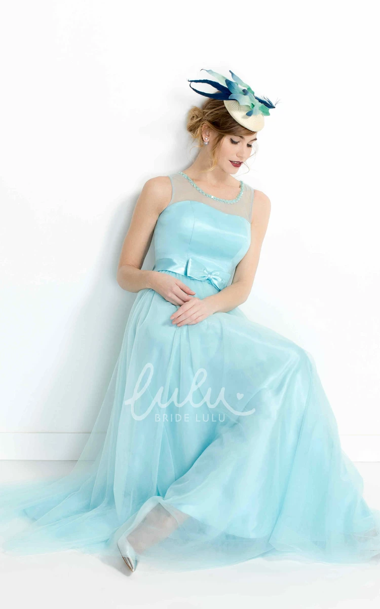 Bowed Scoop-Neck Tulle&Satin Prom Dress Sleeveless Floor-Length Beaded