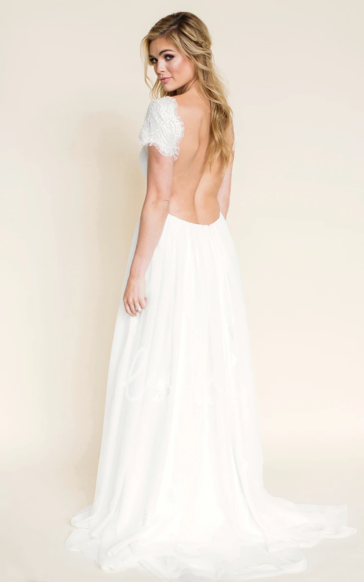 Short-Sleeve Lace Chiffon Sheath Wedding Dress Simple & Chic